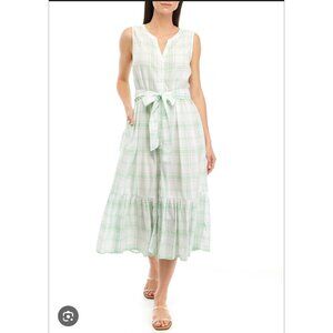 Chaps Women's M Green White Plaid Tiered Button Front Midi Dress Cottagecore